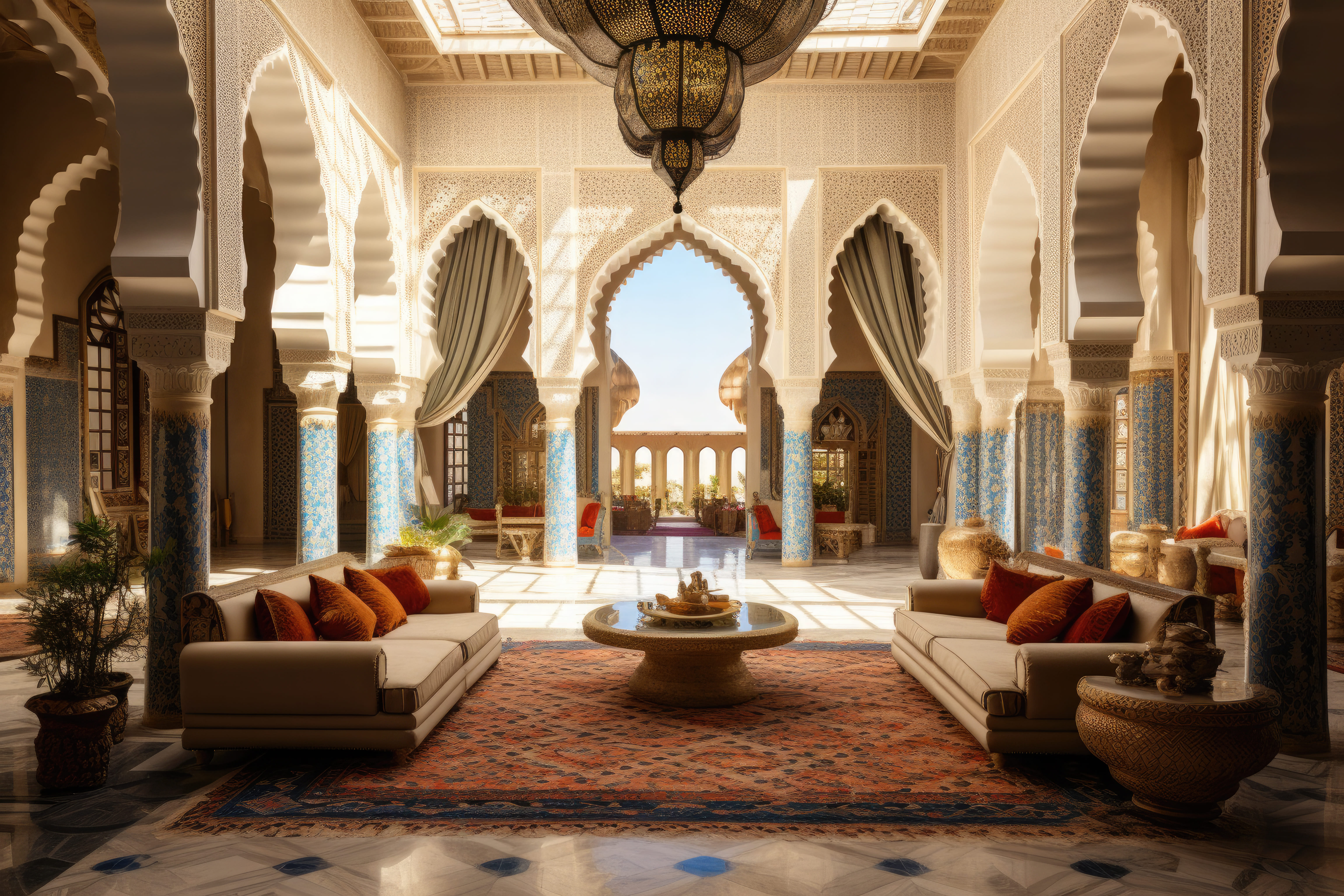 Grand salon of a luxury Marrakech riad with Moorish arches, carved plasterwork and traditional Berber rugs