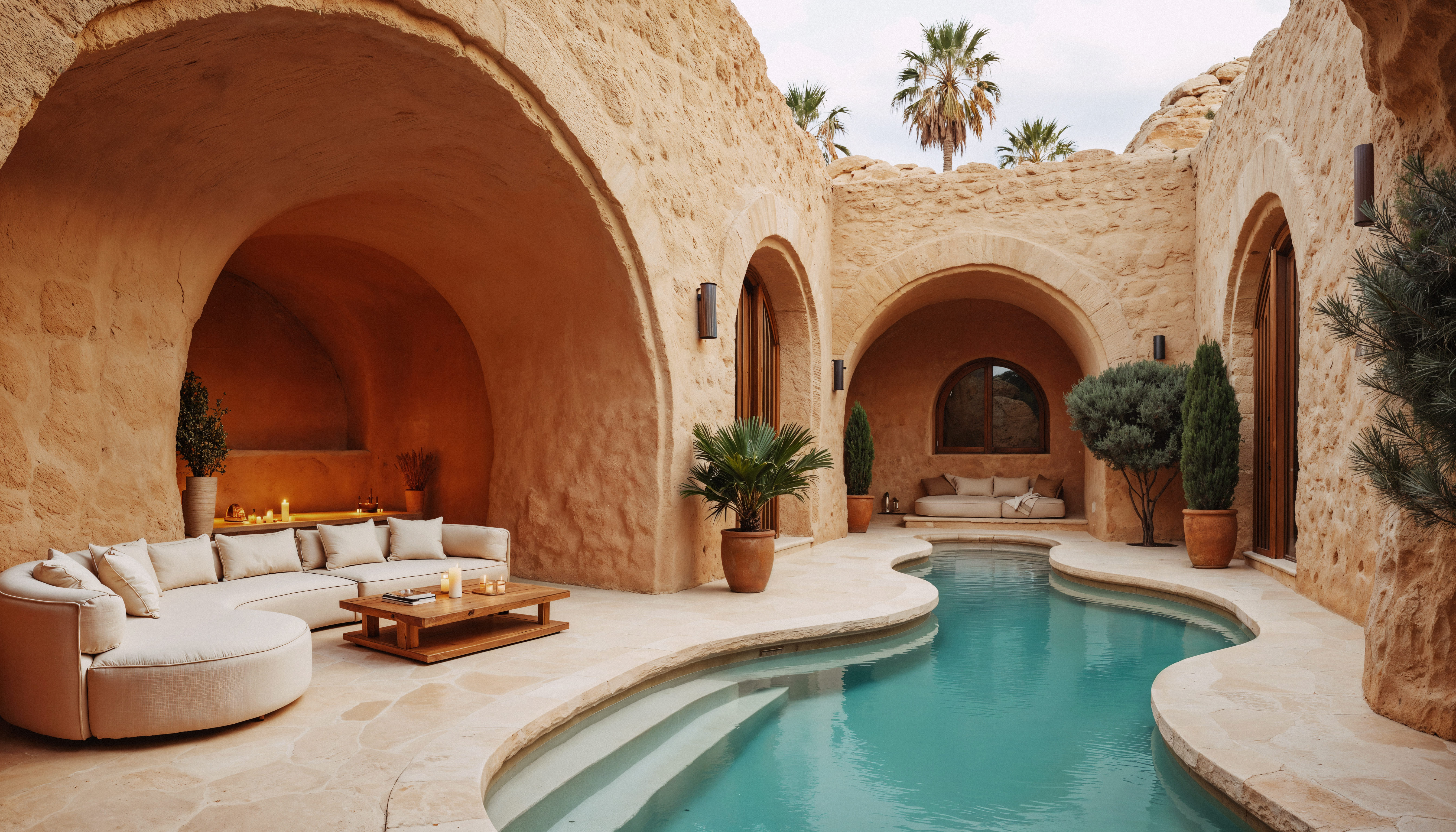 Luxury Marrakech villa with private pool and curved stone arches in a lush outdoor setting