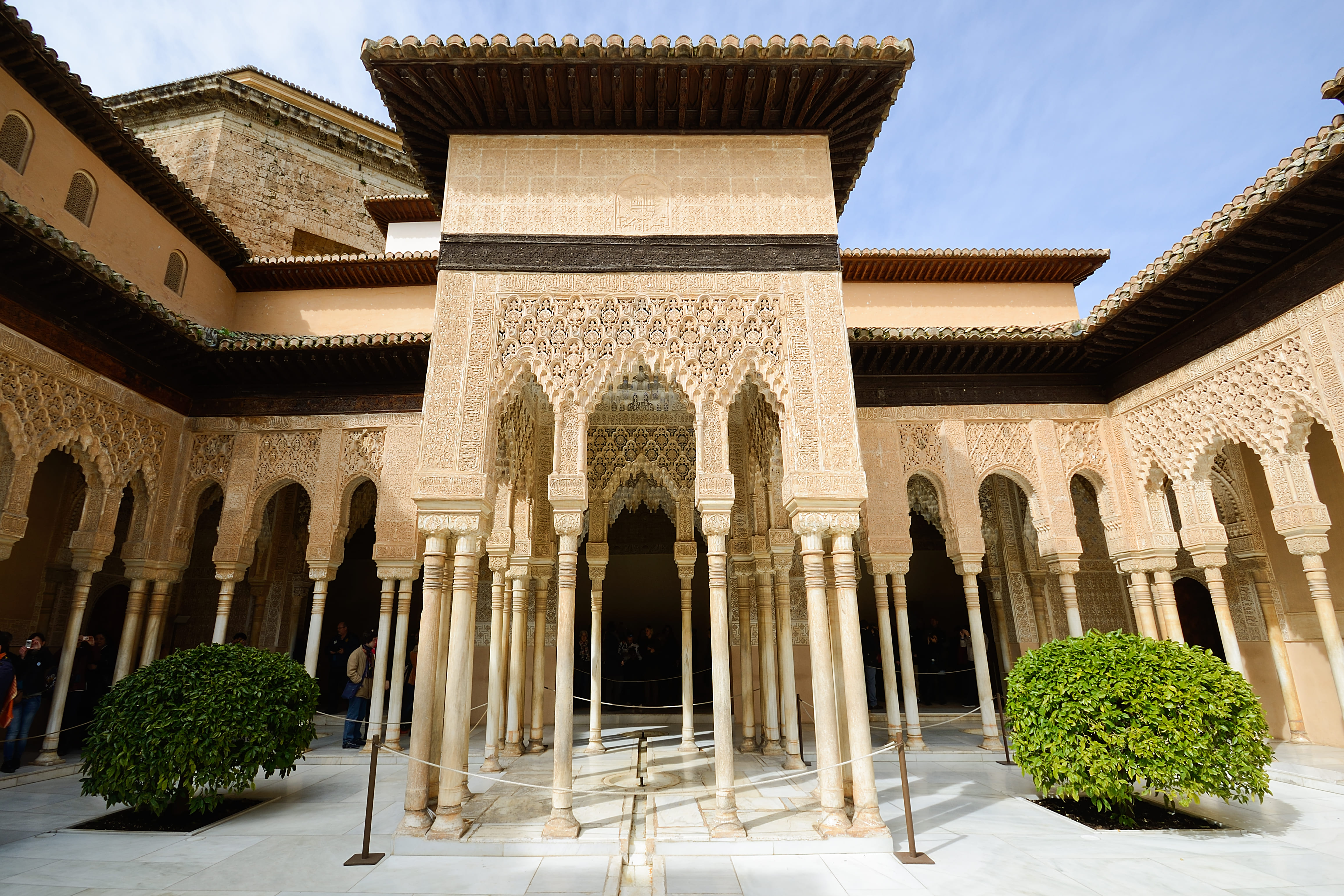 Moorish palace courtyard with carved columns — architectural style of top Airbnb riads in Marrakech
